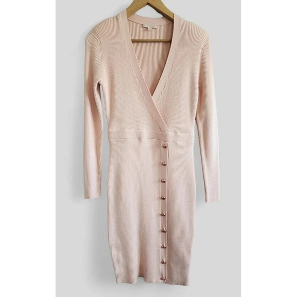 GUESS Dress Women's Medium Pink Knit Body Con Rose Gold Buttons - Picture 1 of 8